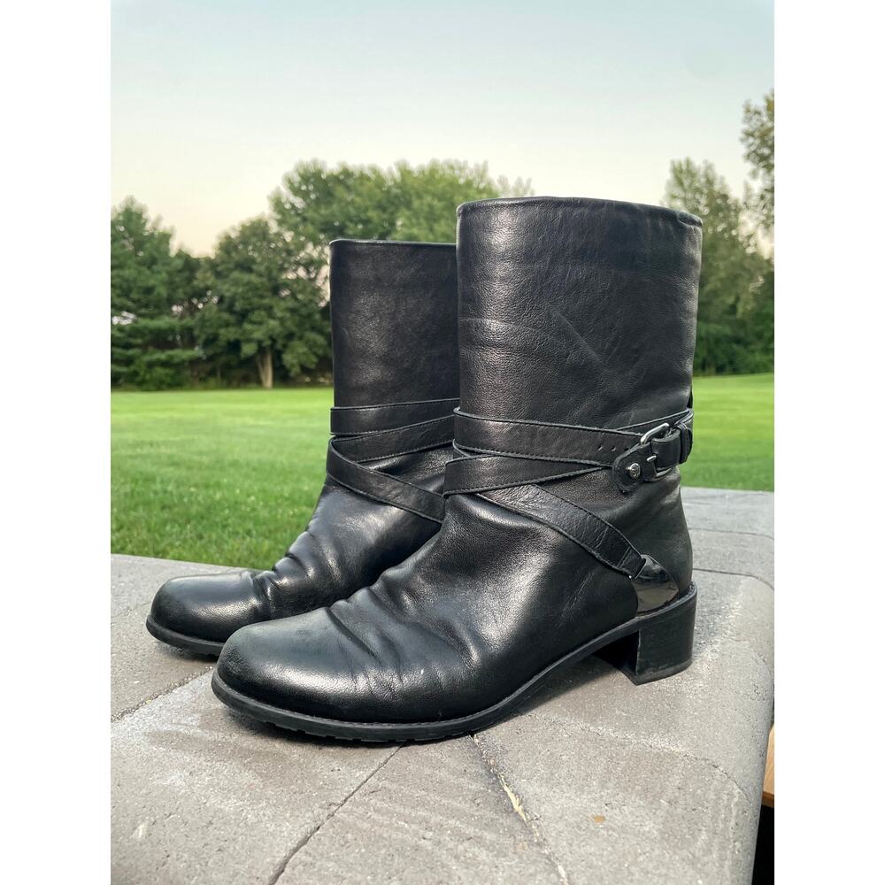 Stuart Weitzman Leather Moto Boots Womens Sz 10 Black Block Belted Buckle Spain